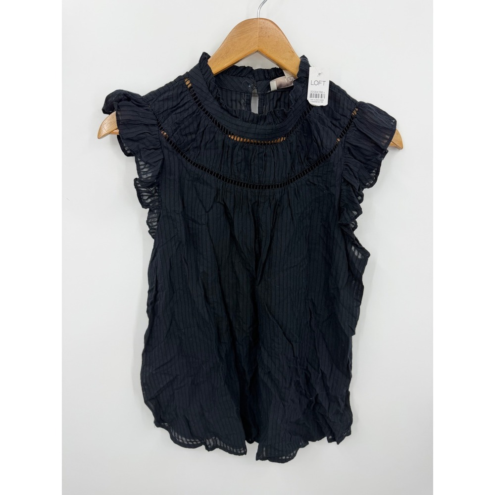 LOFT Ruffle Neck Ladder Stitch Blouse Women Size M Black Sleeveless Textured Top